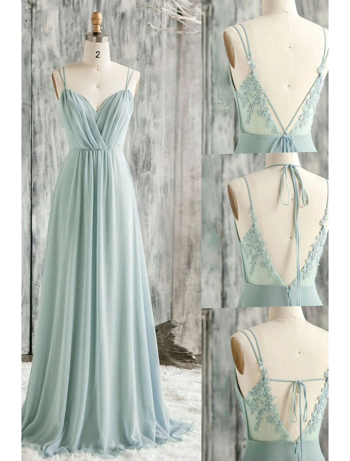 Abito da damigella d'onore a trapezio, scollo a V, spalline sottili, senza maniche, sexy, lunghezza al pavimento, in chiffon/pizzo con applicazioni
